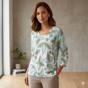 Talbots Leaf Pattern V-Neck Cotton Sweater Size Med Petite